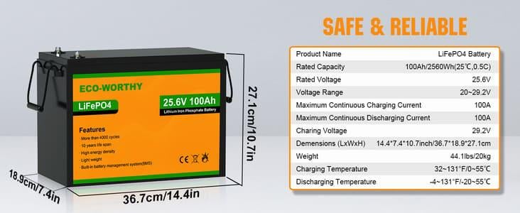 Аккумулятор ECO-WORTHY LiFePO4 со встроенным BMS 5000+ циклов 24V 100 Ah (US-L13070402010-1) - фото 3