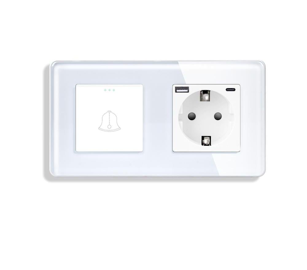 Выключатель с розеткой ELIOS USB A+C 20Вт с заземлением/защитными шторками стекло Белый