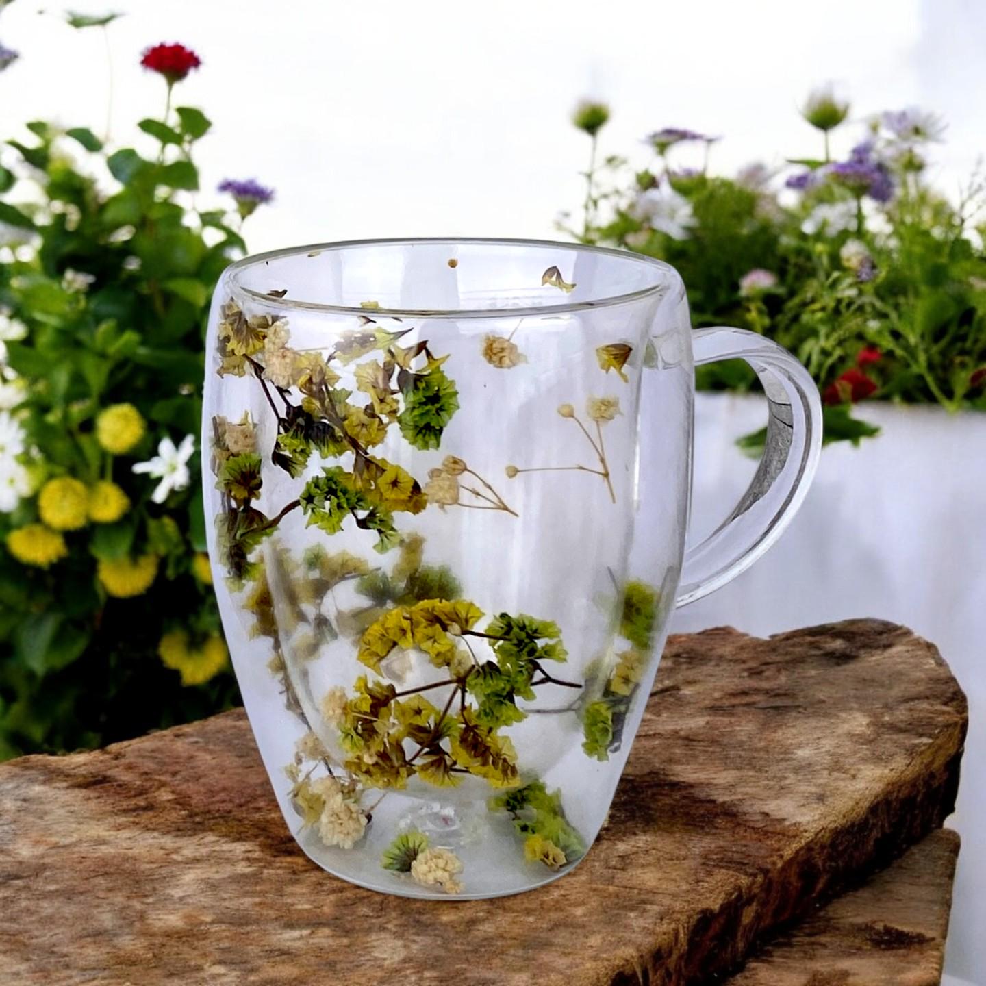 Чашка з подвійним дном із сухоцвітами зеленими 350 мл Прозорий (4036) - фото 3 Чашка з подвійним дном із сухоцвітами зеленими 350 мл Прозорий (4036) - фото 3