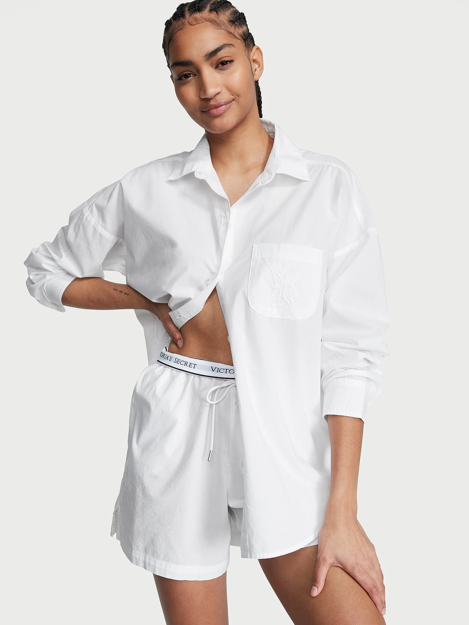 Піжама жіноча Victoria's Secret Cotton Long-Sleeve Shirt&Shorts Set бавовняна S Білий (18255431)
