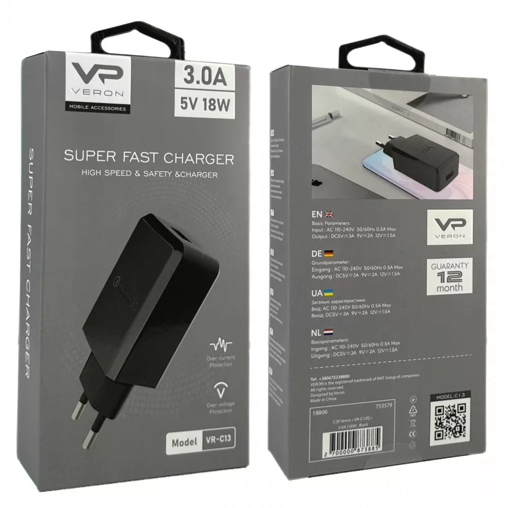 Сетевое зарядное устройство Veron VR-C13Q + USB 3 A 5 В 18 Вт Черный (743662495867) - фото 2