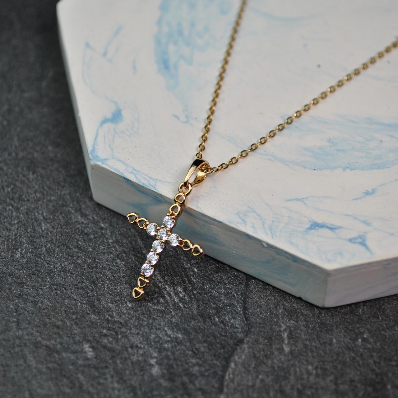 Кулон крестик с фианитами на цепочке медицинская сталь позолота (x235-2)