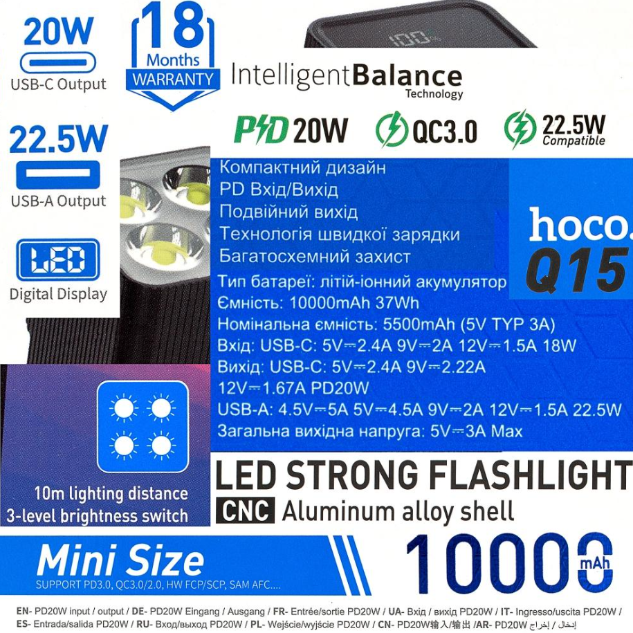 Повербанк Hoco Flashlight fully compatible Q15 1USB/Type-C 5A 10000 mAh 22,5W Чорний (6942007601542) - фото 11