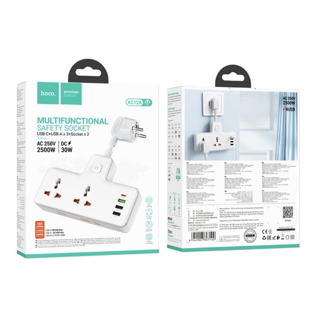 Мережевий подовжувач Hoco AC12A Reise 2-position Exspancion Socket PD30W/1C3A White - фото 3