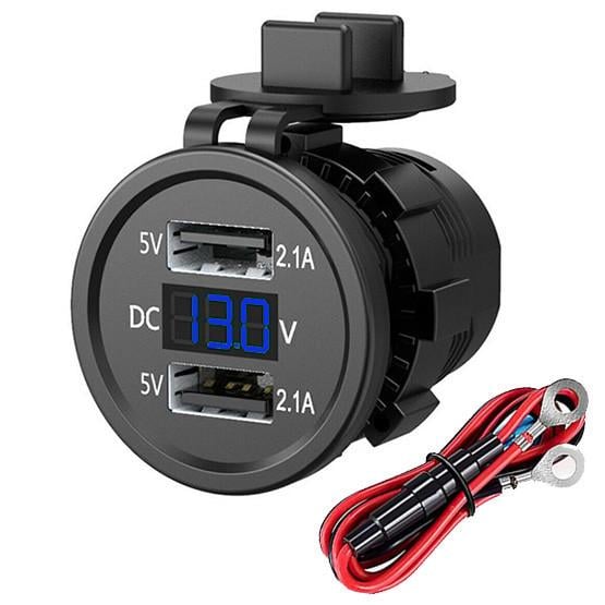 Адаптер 12-24V USB врізний здвоєний з вольтметром синє підсвічування (32418378)