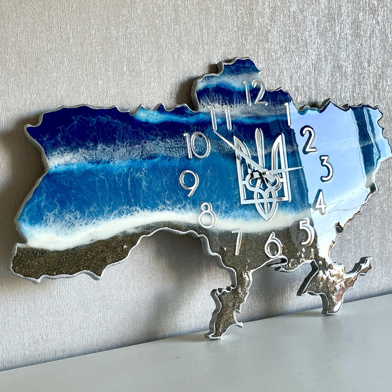 Часы настенные из эпоксидной смолы Карта Украины 60х38 см