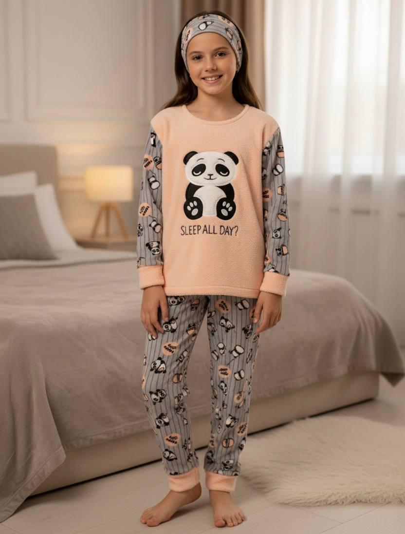 Пижама для девочки теплая полар флис BAYKAR Mini Moon Панда 116 см Персиковый (8376)