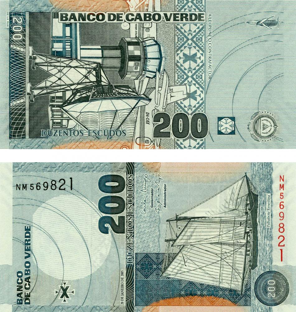Коллекционная банкнота Кабо-Верде 200 эскудо 2005 UNC Парусник P68 (Б05505)