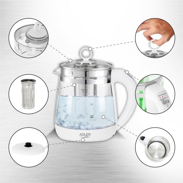 Электрочайник-заварник Adler AD 1299 стеклянный с установкой температуры 2200 Вт 1,5л White (AD1299) - фото 7 Электрочайник-заварник Adler AD 1299 стеклянный с установкой температуры 2200 Вт 1,5л White (AD1299) - фото 7