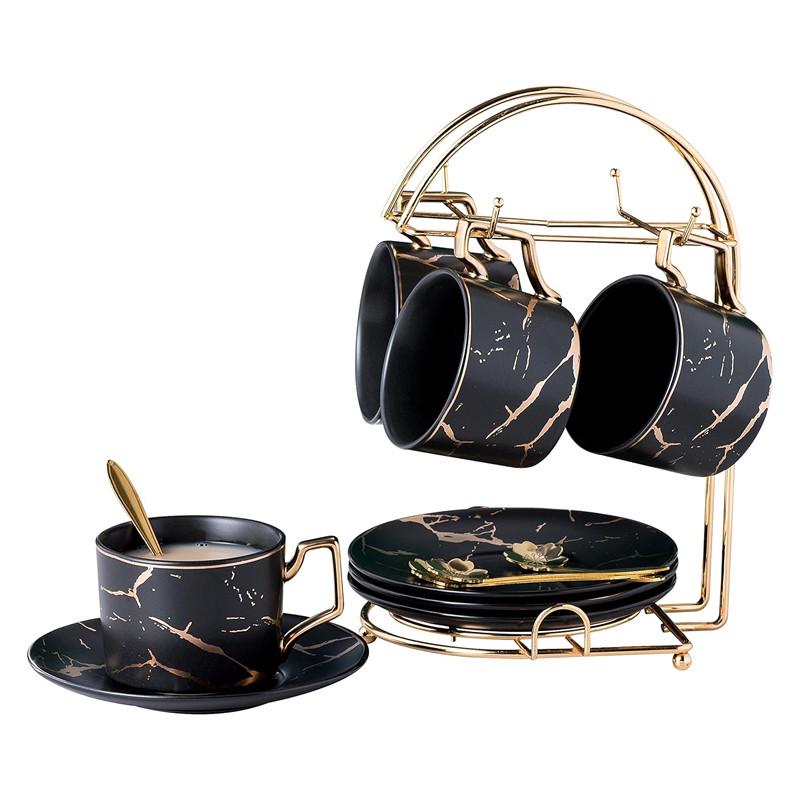 Сервиз чайный подарочный Lesko Мраморная роскошь чашки 4 шт./блюдца 4 шт./ложки 4 шт. с подставкой Black (28525205)