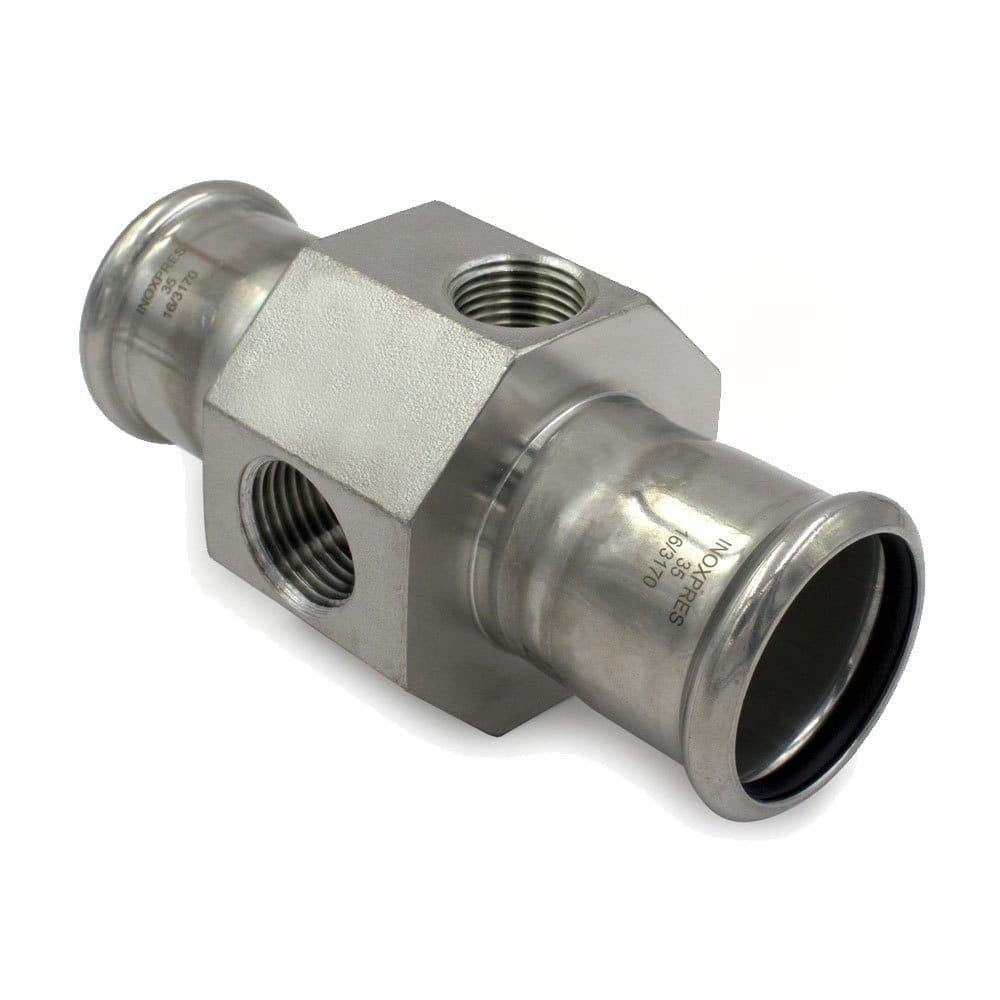 Пресс-муфта Raccorderie Metalliche Inoxpres 35x1/2" В нержавеющая с отверстиями (195035007) Пресс-муфта Raccorderie Metalliche Inoxpres 35x1/2" В нержавеющая с отверстиями (195035007)
