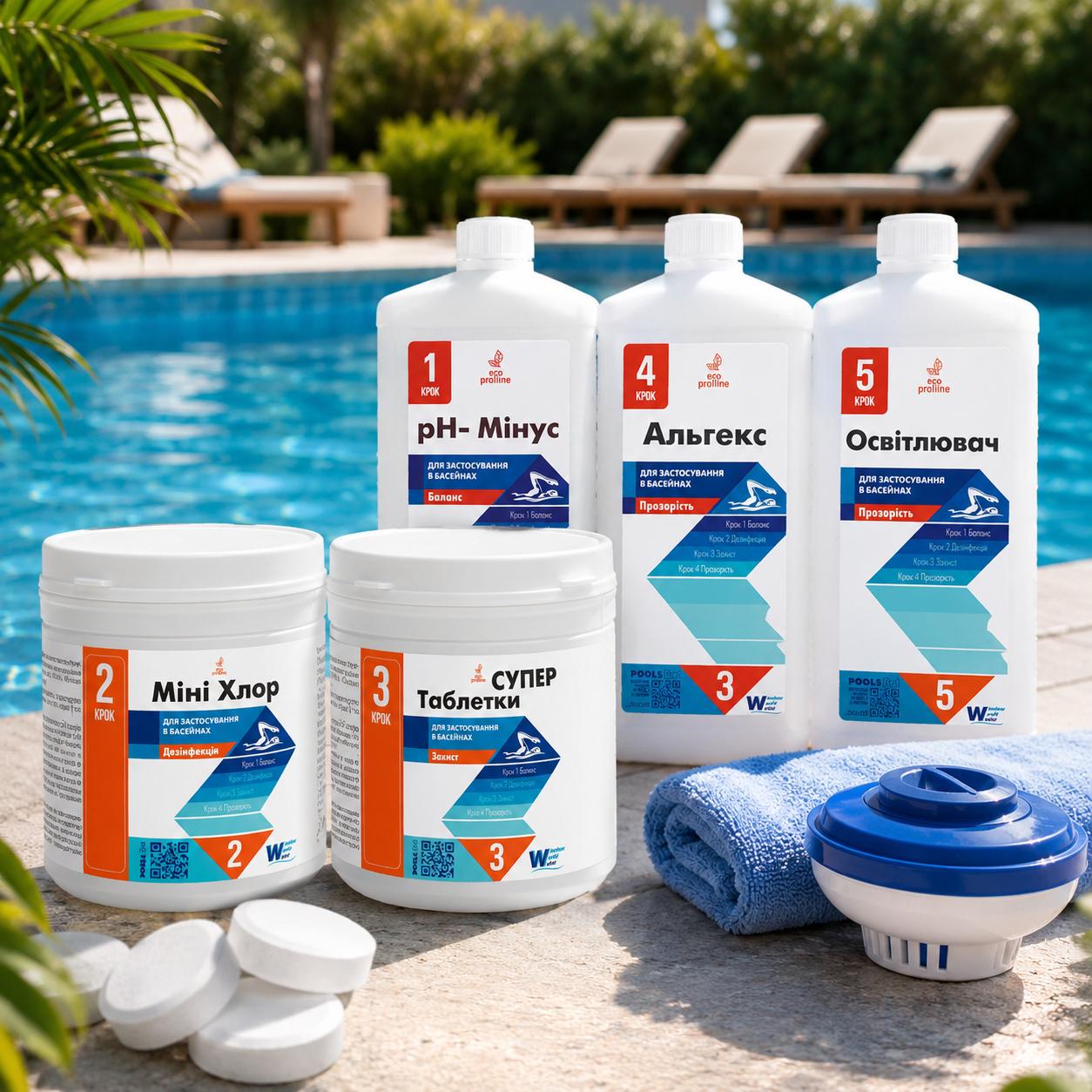Стартовый набор химии для бассейна WWW Super Kit 5в1 до 30 м3 хлор/pH минус/альгицид/коагулянт