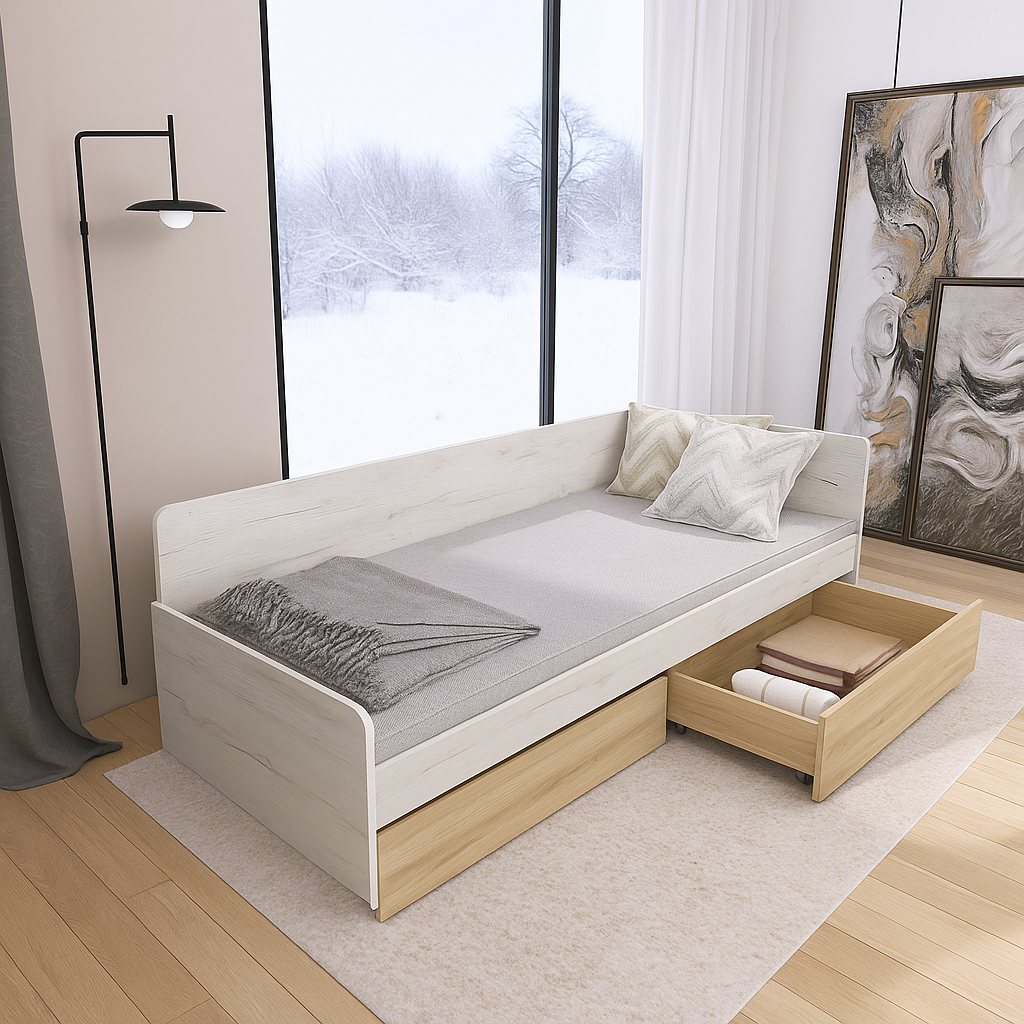 Кровать детская с ящиками Еверест 800 ЩИТ ДСП Крафт Белый/Дуб сонома (е-207475)