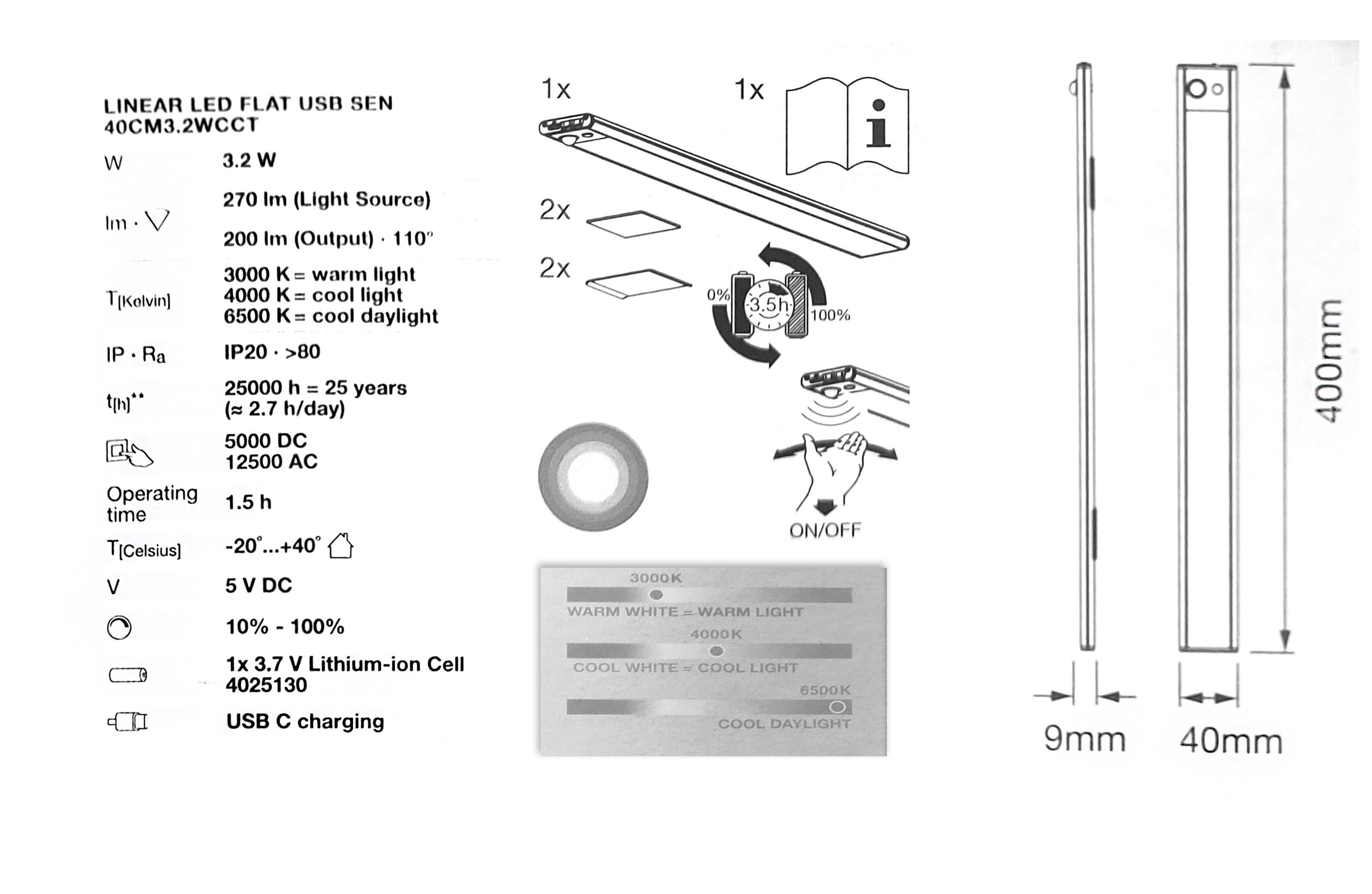 Светильник Ledvance Linear LED Flat Sensor USB с сенсором движения и света на аккумуляторе 400х40х9,3 мм (4058075762213) - фото 3