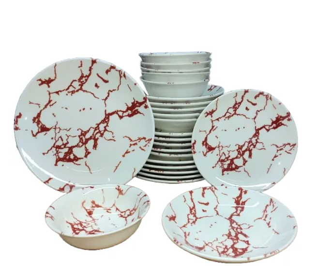 Сервиз столовый OMS TULU Абстракция фарфора 6 персон 24 шт. Красно-белый (KL24-Marble Red)