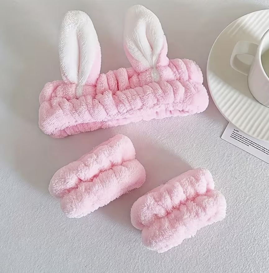 Набір для вмивання пов'язка для волосся з вушками та браслети на зап'ястя 3 шт. Рожевий (33549833)