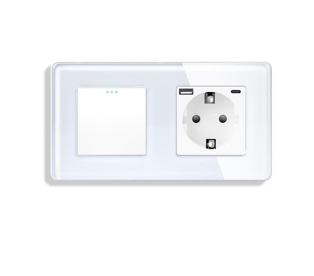 Выключатель проходной ELIOS универсальный с розеткой USB A+C 20Вт с заземлением стекло Белый