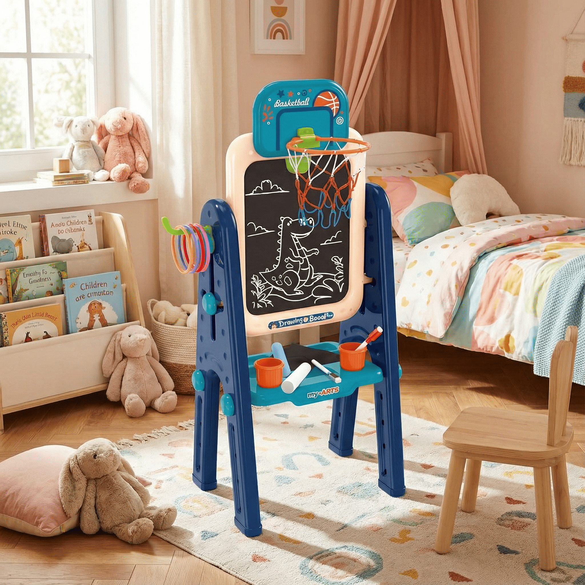 Мольберт детский двухсторонний OLEOCA 4в1 с магнитной и меловой доской с зажимом и набором аксессуаров Разноцветный (OLEO41)