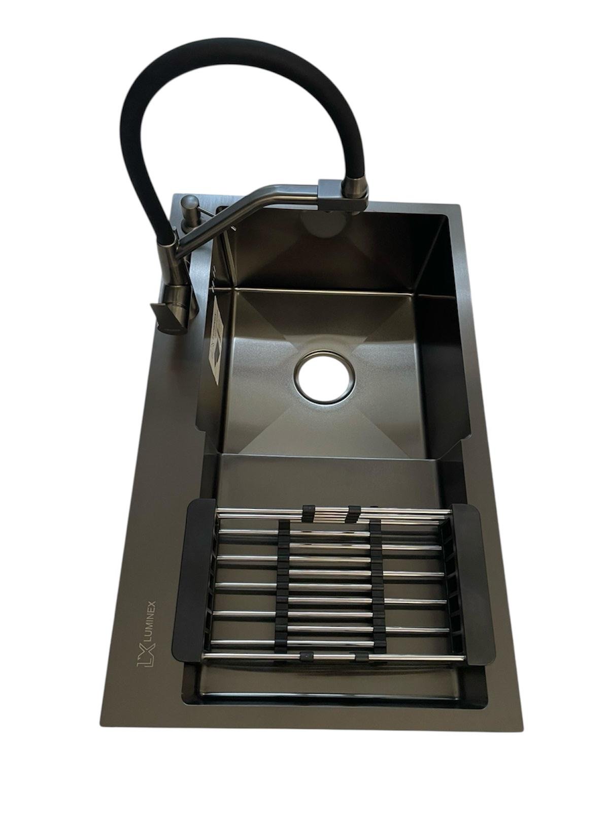 Мойка для кухни Luminex 78х48 см правая и кран Kroner PVD03817BLK с подключением к фильтру воды (5553)