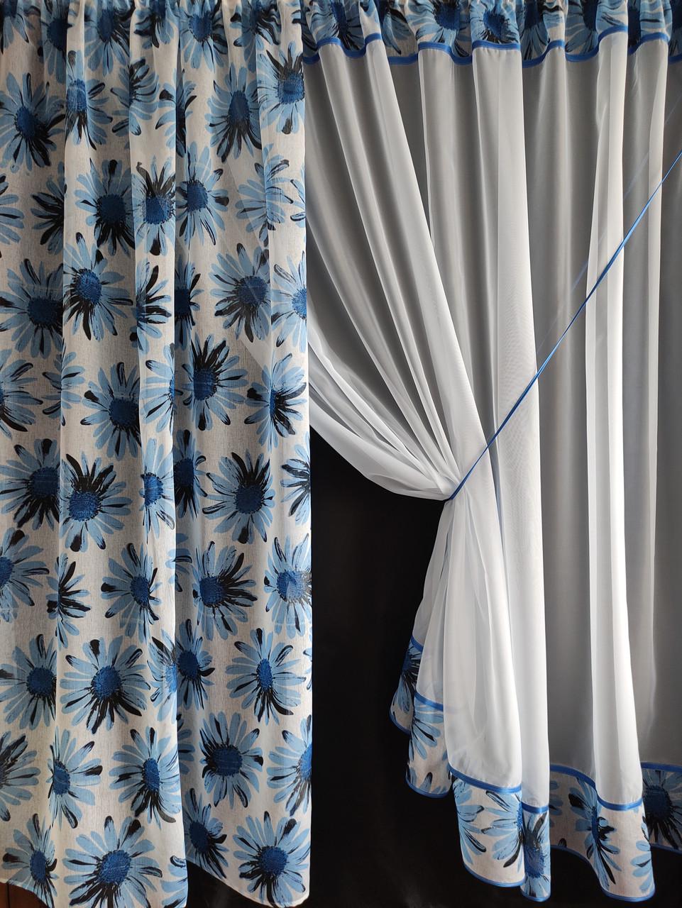 Комплект на кухонне вікно Ромашка шифон і батист з квітами 290х190 см Білий/Блакитний (ромашка-03) - фото 3 Комплект на кухонне вікно Ромашка шифон і батист з квітами 290х190 см Білий/Блакитний (ромашка-03) - фото 3