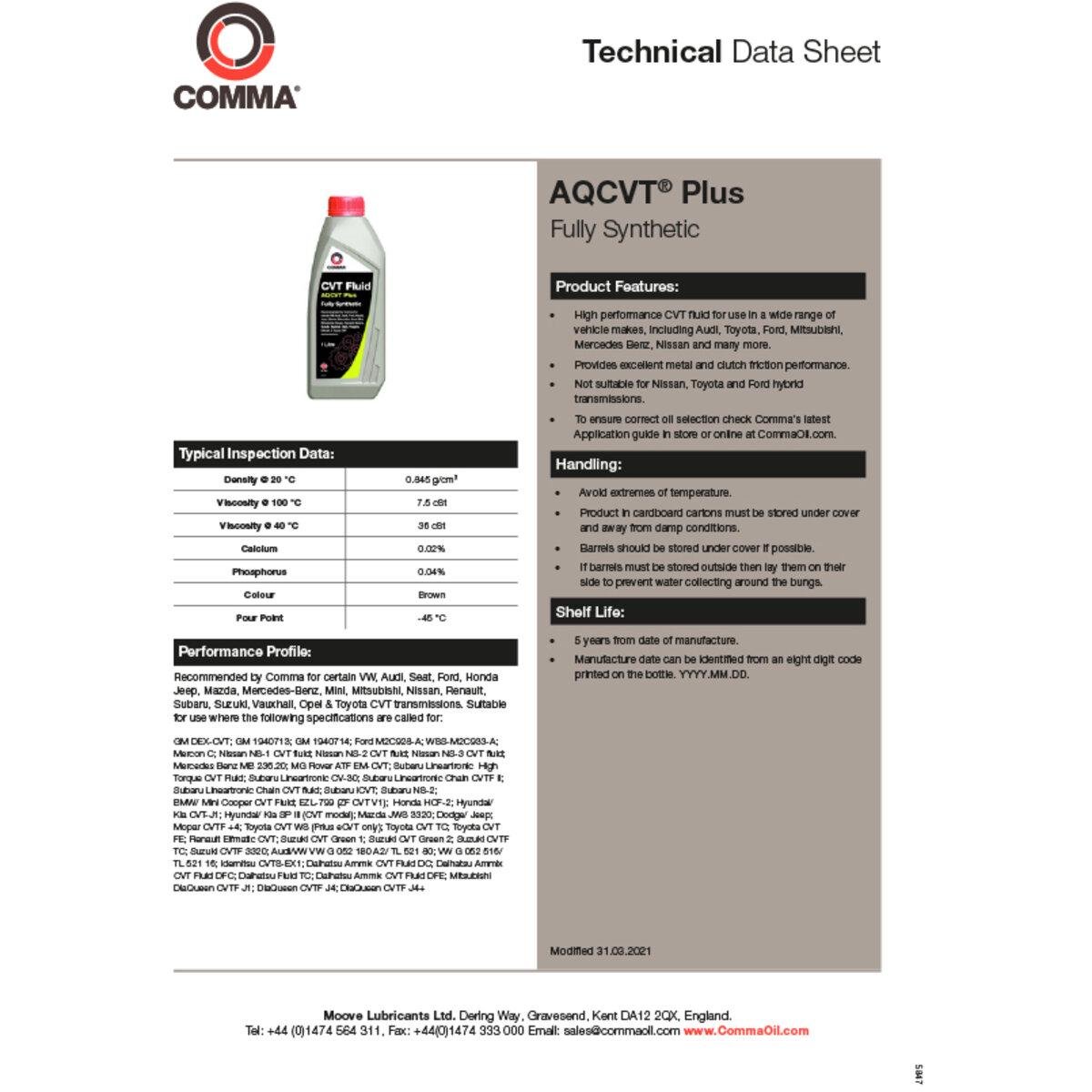 Трансмиссионное масло автомобильное COMMA AQCVT TRANS FLUID PLUS 1 л (AQCVTP1L) - фото 2