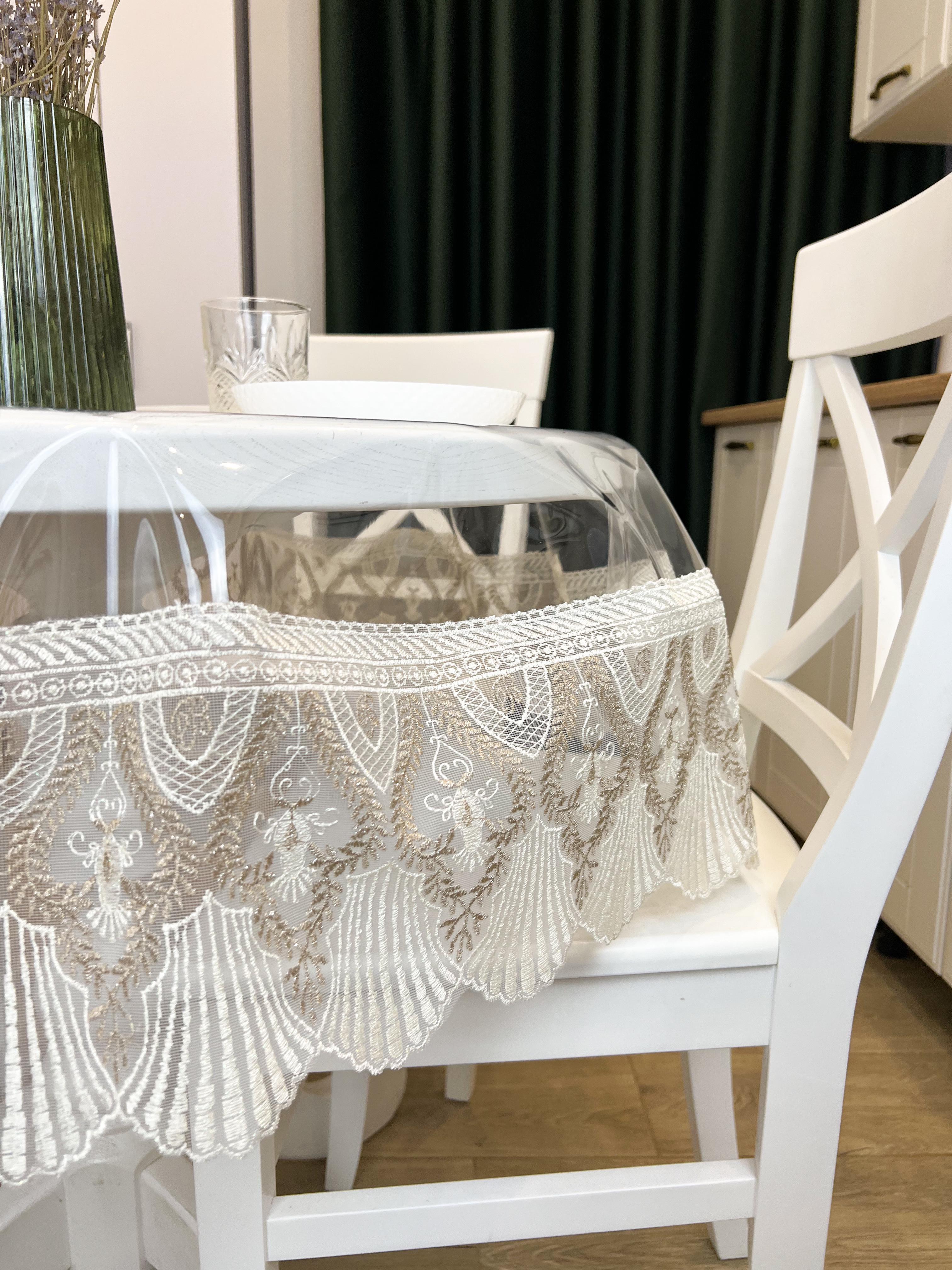 Скатертина силіконова Рішельє з мереживом 380x160 см Біло-кавовий (410-260)