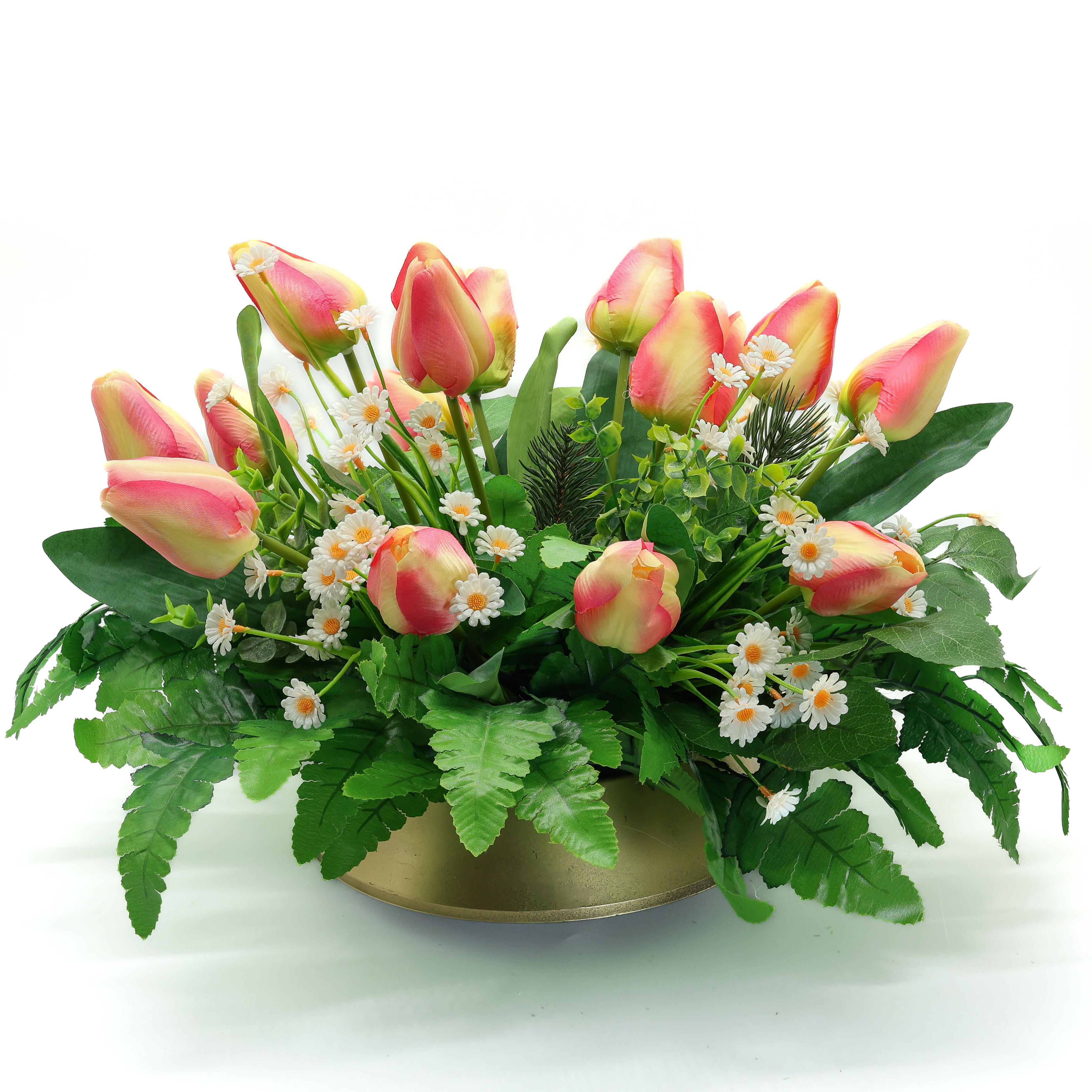 Композиция ритуальная GALA DECOR с искусственными тюльпанами в золотистом пластмассовом кашпо 30х35 см (КВ3035ТР-1)