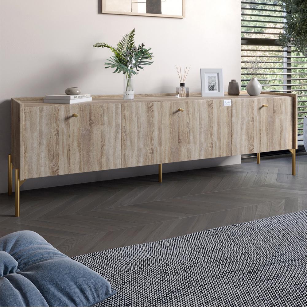 Тумба под телевизор на 3 ящика Lion Wood с золотыми ножками 160х65х40 см Дуб Сонома Трюфель (000-000-2340)