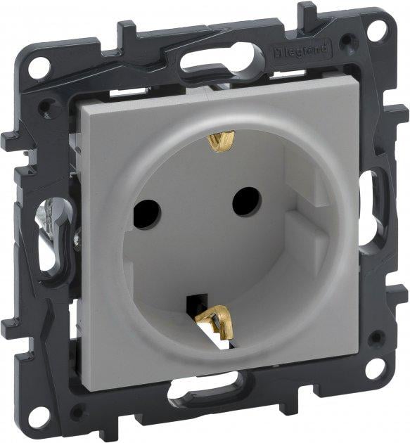 Розетка 220В Legrand 863321 Niloe Step 16A пластиковая с заземлением Schuko без защитной крышки без шторок для врезного монтажа Алюминиевый