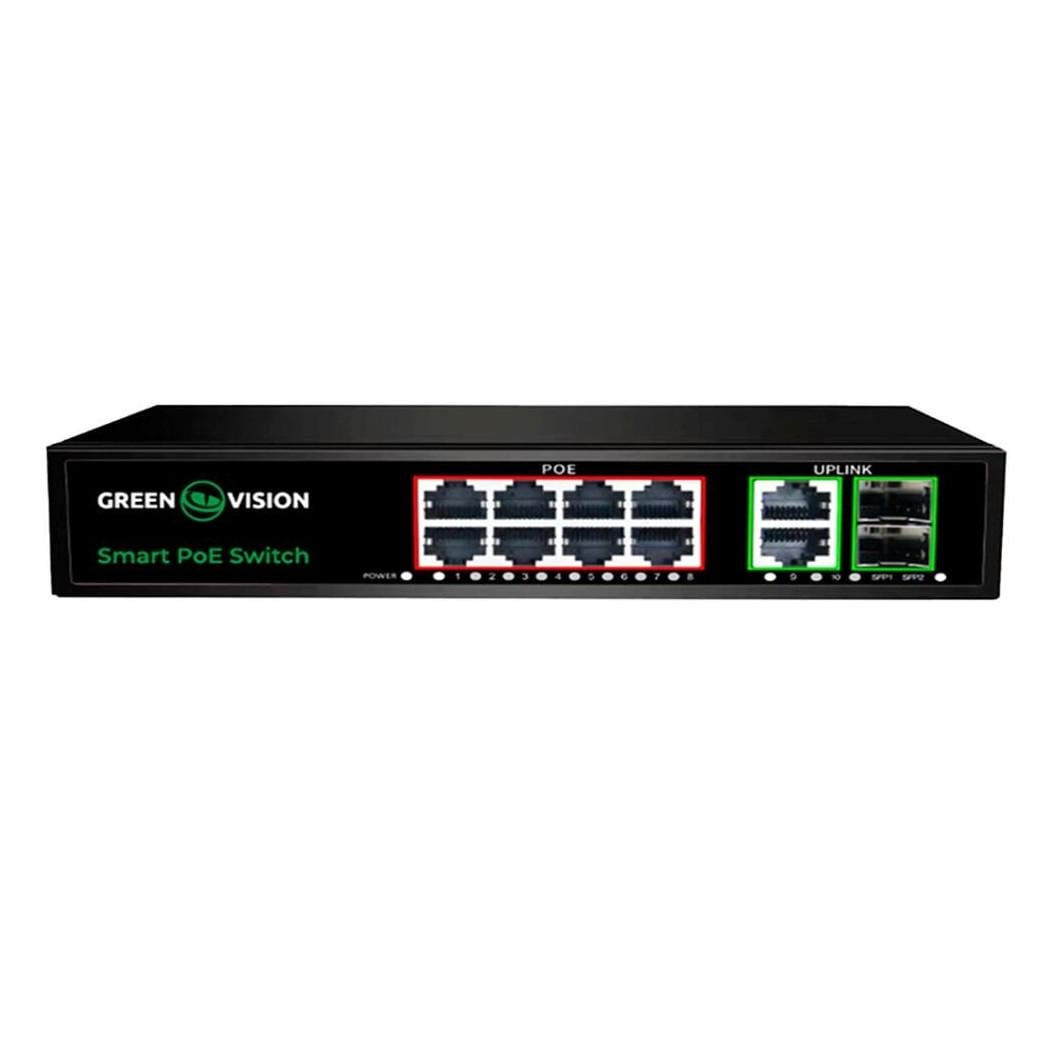 Комутатор GreenVision GV-021-D-8G+2PG+2SFP 8FE PoE+ 2GE Uplink 2SFP Black (33087603)