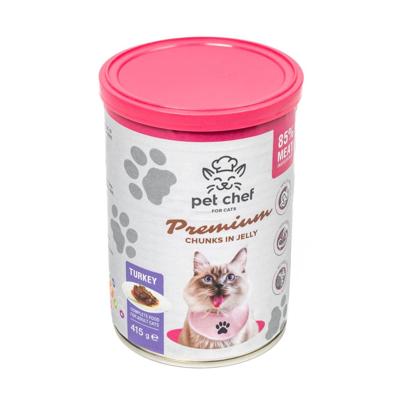 Корм вологий для дорослих котів Pet Chef шматочки в желе з індичкою 415 г (93595) Корм вологий для дорослих котів Pet Chef шматочки в желе з індичкою 415 г (93595)