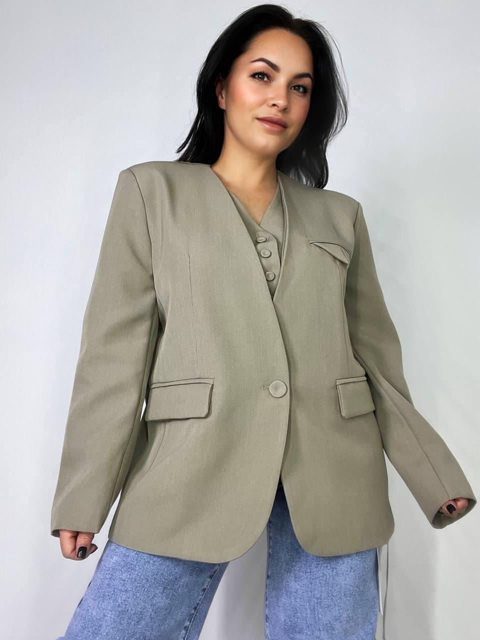 Піджак жіночий Qidian 9329 двійка імітація жилетки вільний широкий крій OS Бежевий (3770) - фото 5