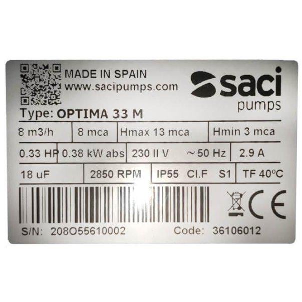 Насос для бассейна Saci Optima 33M 8 м3/час 0,25 кВт 230 В (10016) - фото 5