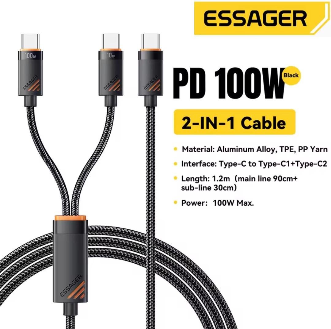 Кабель 2в1 Essager One-for-two Fast Charging 2 Type-C 100W 1,2 м Black (25397245) - фото 11 Кабель 2в1 Essager One-for-two Fast Charging 2 Type-C 100W 1,2 м Black (25397245) - фото 11