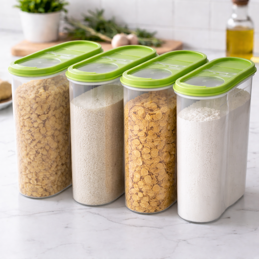 Набор пластиковых емкостей для сыпучих продуктов с дозатором 4 шт. по 2,4 л (32147210) Набор пластиковых емкостей для сыпучих продуктов с дозатором 4 шт. по 2,4 л (32147210)