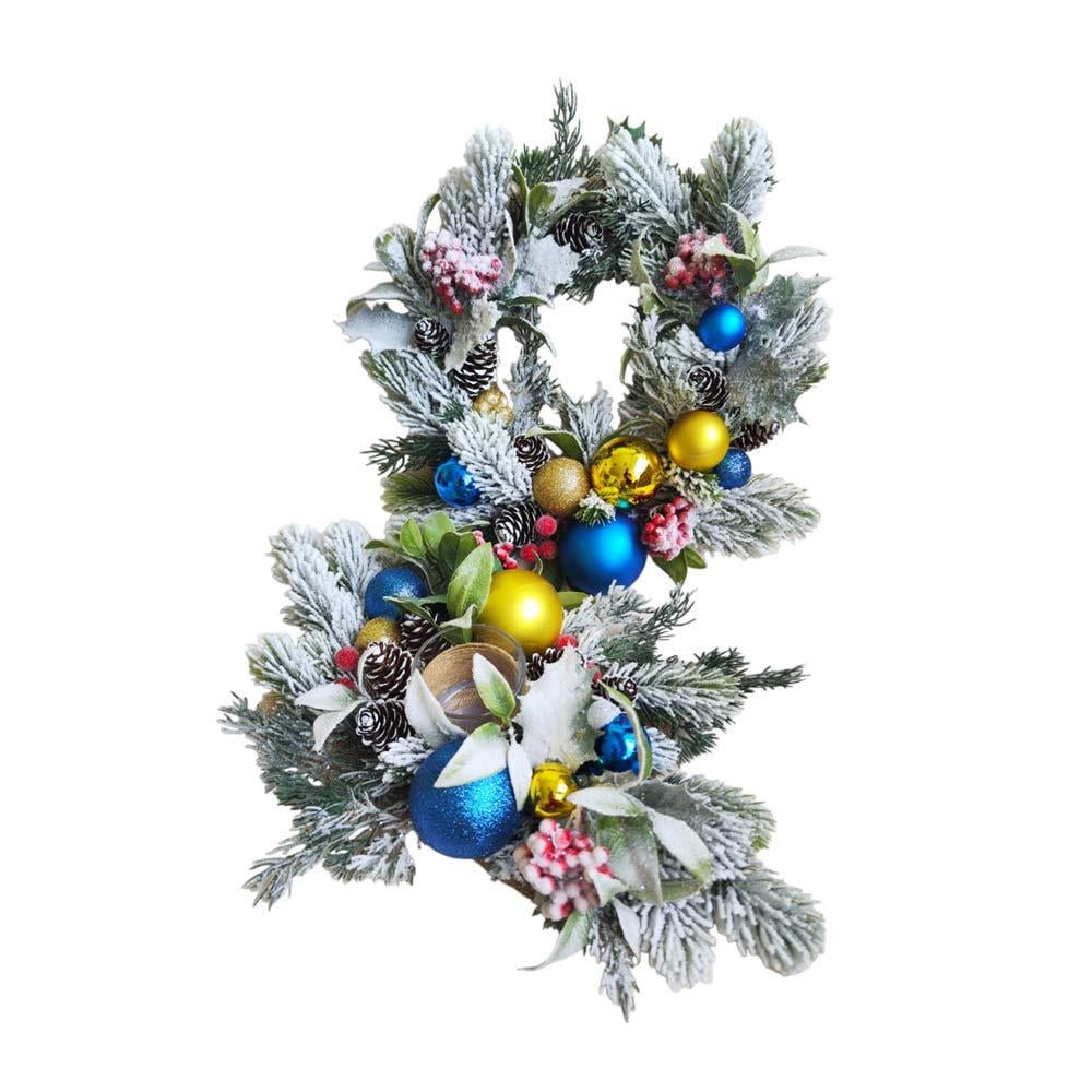 Набор новогоднего декора венок и подсвечник ёлка заснеженная Сине-желтый (NY002)