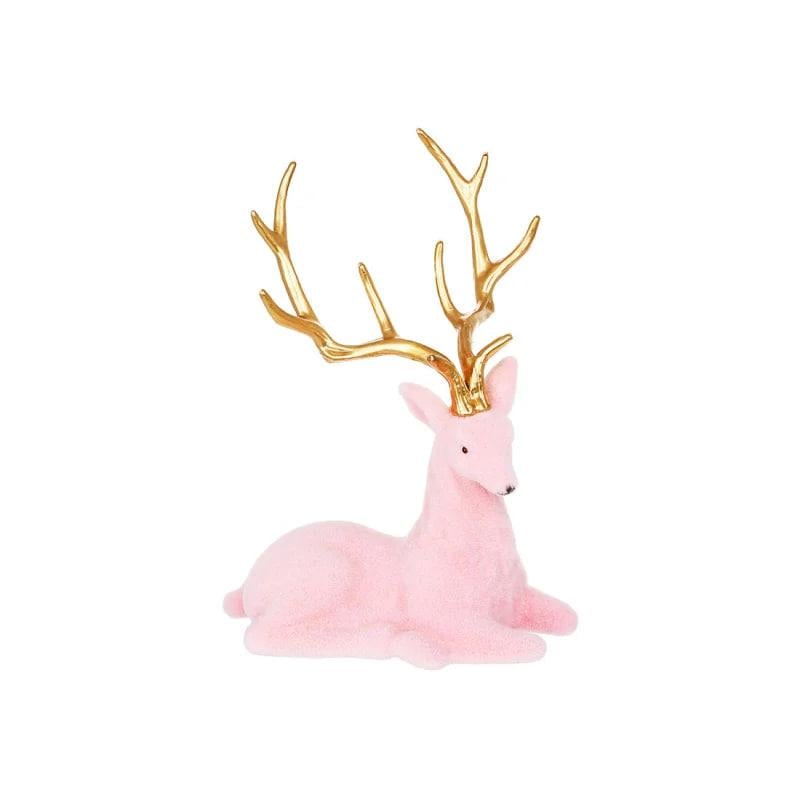 Фигура новогодняя декоративная Олень сидячий с флоковым покрытием и глянцевыми рогами 21,5 см Розовый с золотым (2772093361)