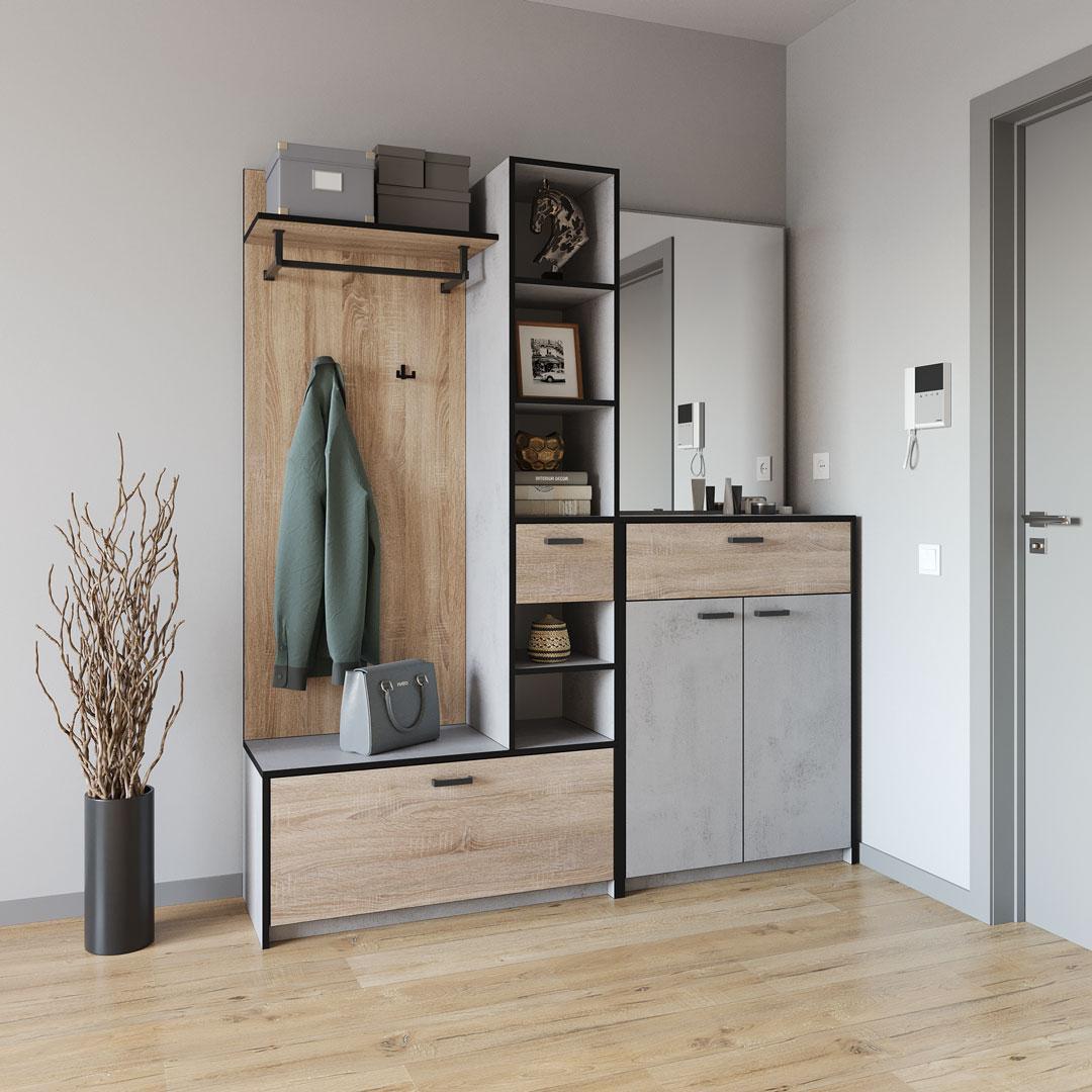 Прихожая Moreli KO-0002 с зеркалом/крючками и штангой для одежды 1690х1880х380 мм Бетон Тефра/Дуб сонома (27687885) Прихожая Moreli KO-0002 с зеркалом/крючками и штангой для одежды 1690х1880х380 мм Бетон Тефра/Дуб сонома (27687885)