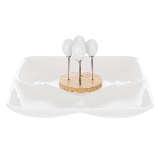 Блюдо фарфоровое для закусок с бамбуковой подставкой (33492)