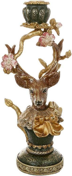 Подсвечник декоративный Олень в зеленом полистоуне с золотой талью 31 см