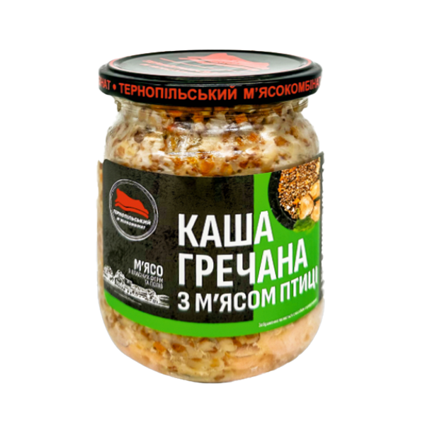 М'ясна консерва Тернопільський м'ясокомбінат "Каша гречана з м'ясом птиці" 500 г (23915040)