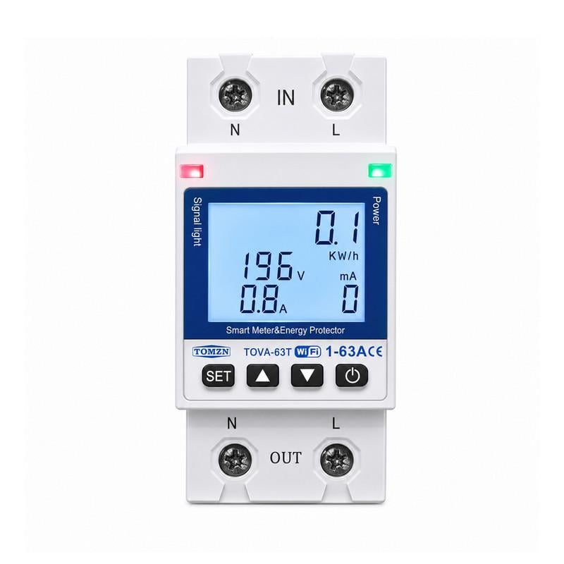 Реле умное WiFi TOMZN с подсветкой/полной защитой/счетчиками/таймером 1P+N 63A 230V Smart Life/Tuya (TOVA-63TL)