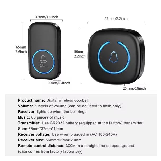 Дзвінок дверний Ezhen бездротовий 60 мелодій Чорний (EZHEN-BL) - фото 3 Дзвінок дверний Ezhen бездротовий 60 мелодій Чорний (EZHEN-BL) - фото 3