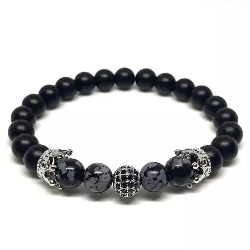Браслет із шунгіту та обсидіана з кулею та коронами р. 22 Чорний/Сірий
 (90051)