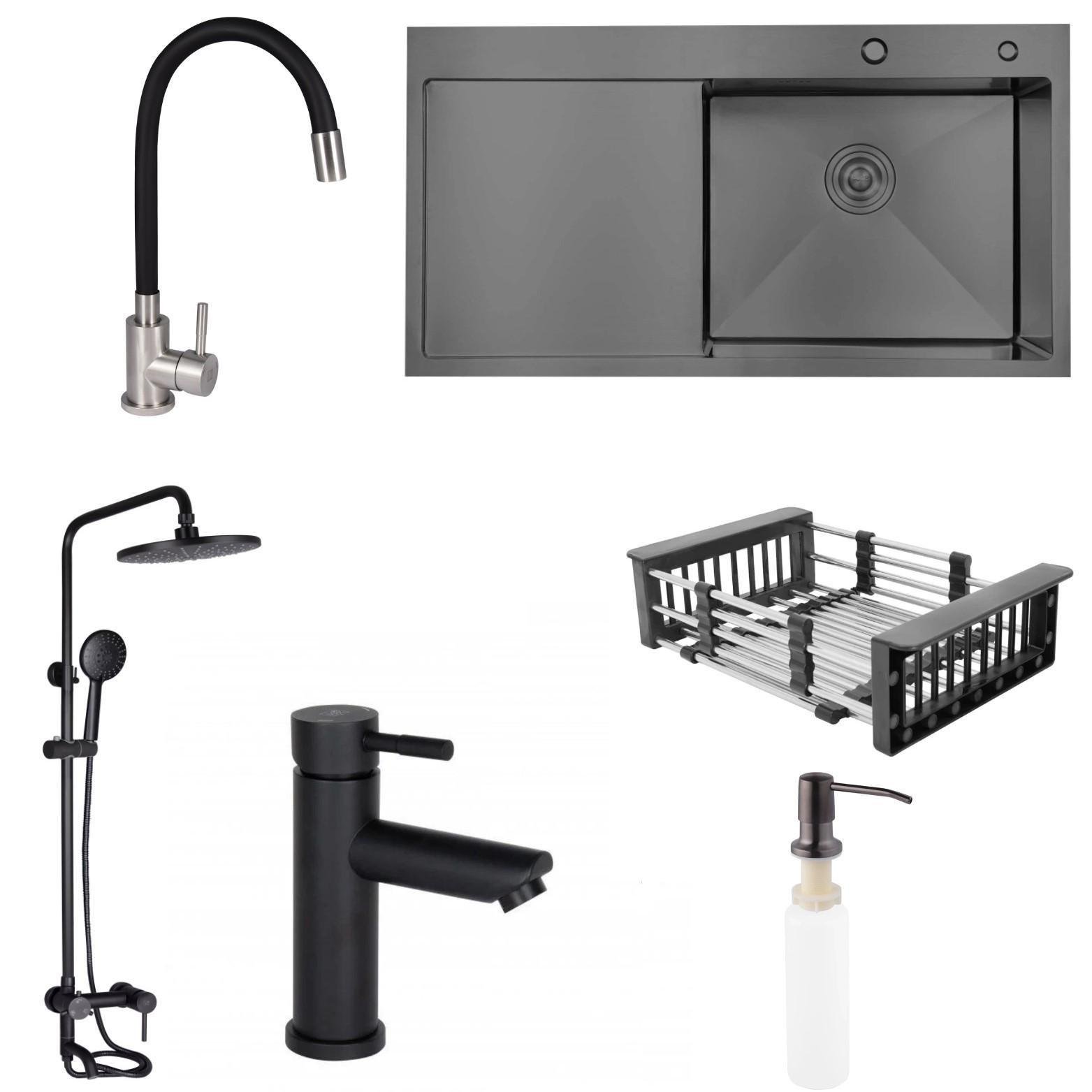 Набір №2 Lidz мийка для кухні Handmade 7849BL/душова система Aria/змішувач Aria 015F3 з гнучким виливом/змішувач Aria