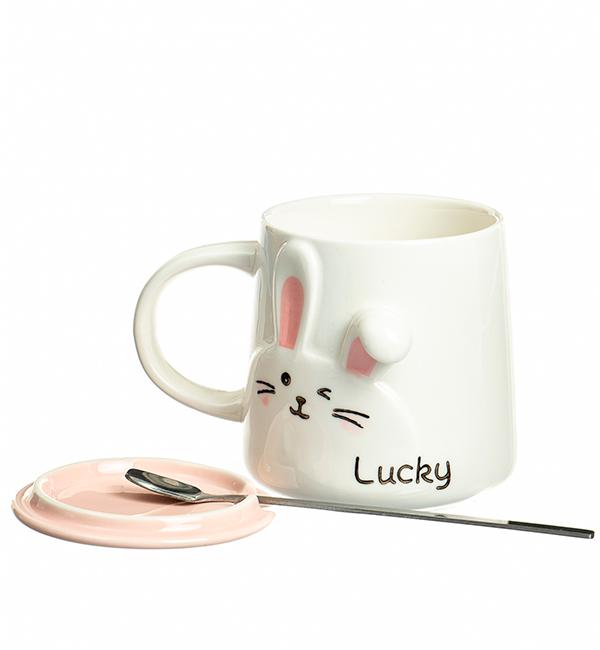 Чашка керамическая "Lucky rabbit" с ложечкой и крышечкой 350 мл (514042)