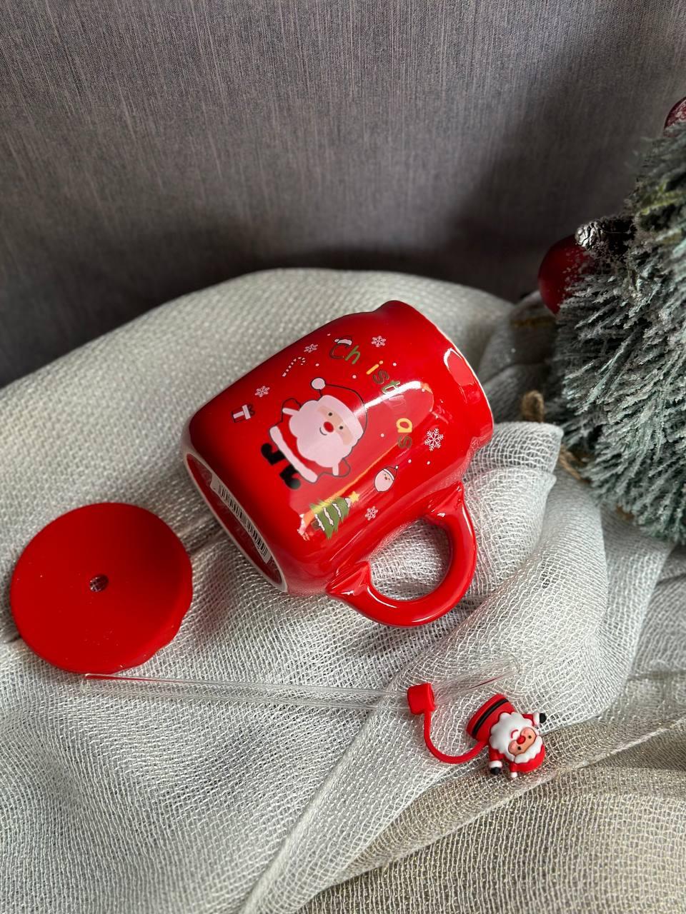 Чашка керамічна Olens 102-1082-1 Санта з кришкою і трубочкою 460 мл Червоний (2786124169) - фото 3