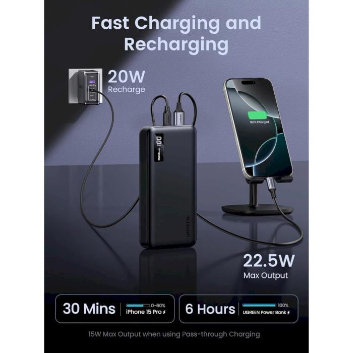 Повербанк Ugreen 20000 mAh 22,5W с PD 2xUSB-A USB-C Черный (616728) - фото 6 Повербанк Ugreen 20000 mAh 22,5W с PD 2xUSB-A USB-C Черный (616728) - фото 6