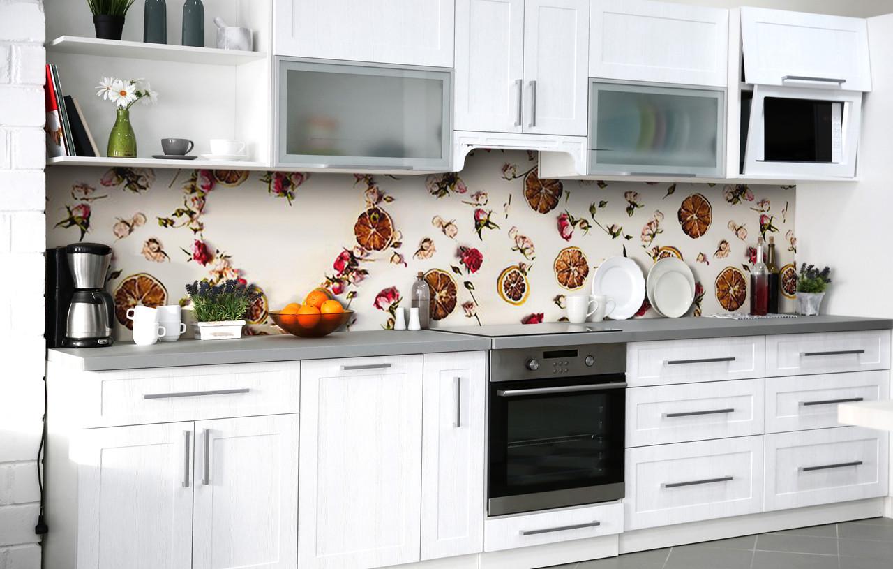 Кухонный фартук Лепестки и фрукты виниловый самоклеющийся 65х250 см