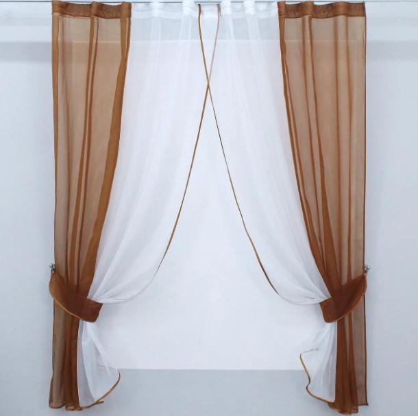 Комплект штор на кухню/балкон с подвязками шифон 265х170 см Коричневый/Белый (017к)